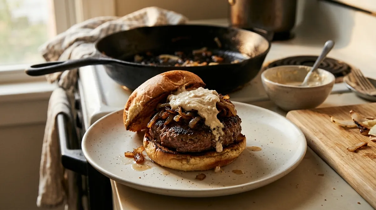 30-Minute Weeknight Skillet Burgers with Onions and Horseradish Sauce
