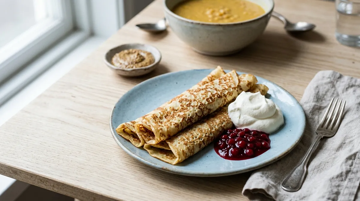Swedish Pancakes (Pannkakor) with Lingonberry Jam and Cream