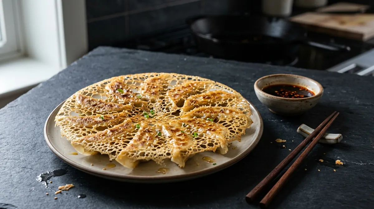 Crispy Lace Frozen Dumplings (Skillet Potstickers with a Golden Skirt)