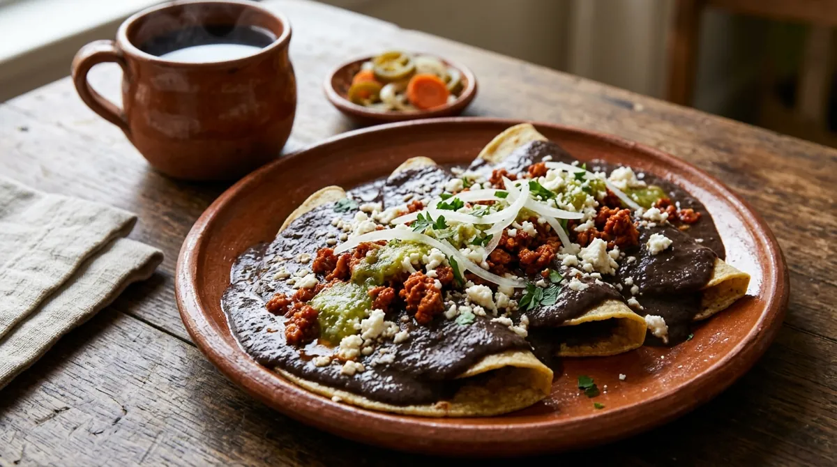 Enfrijoladas (Tortillas in Black Bean Sauce with Chorizo)