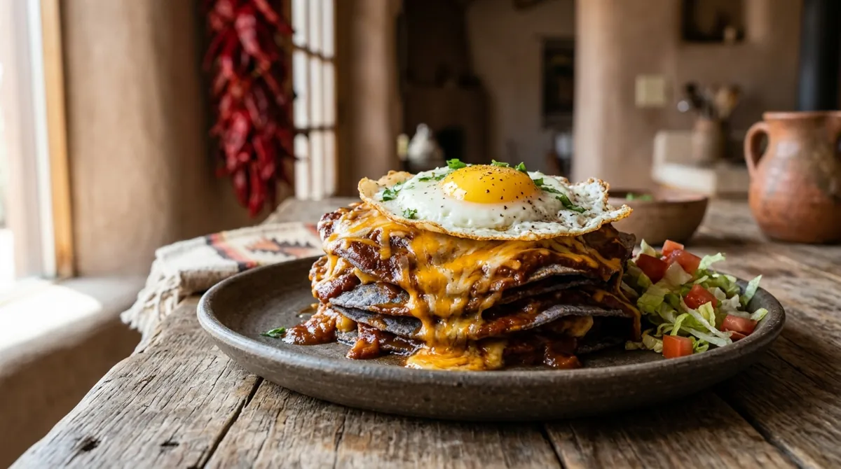 New Mexico Stacked Red Chile Enchiladas with a Fried Egg
