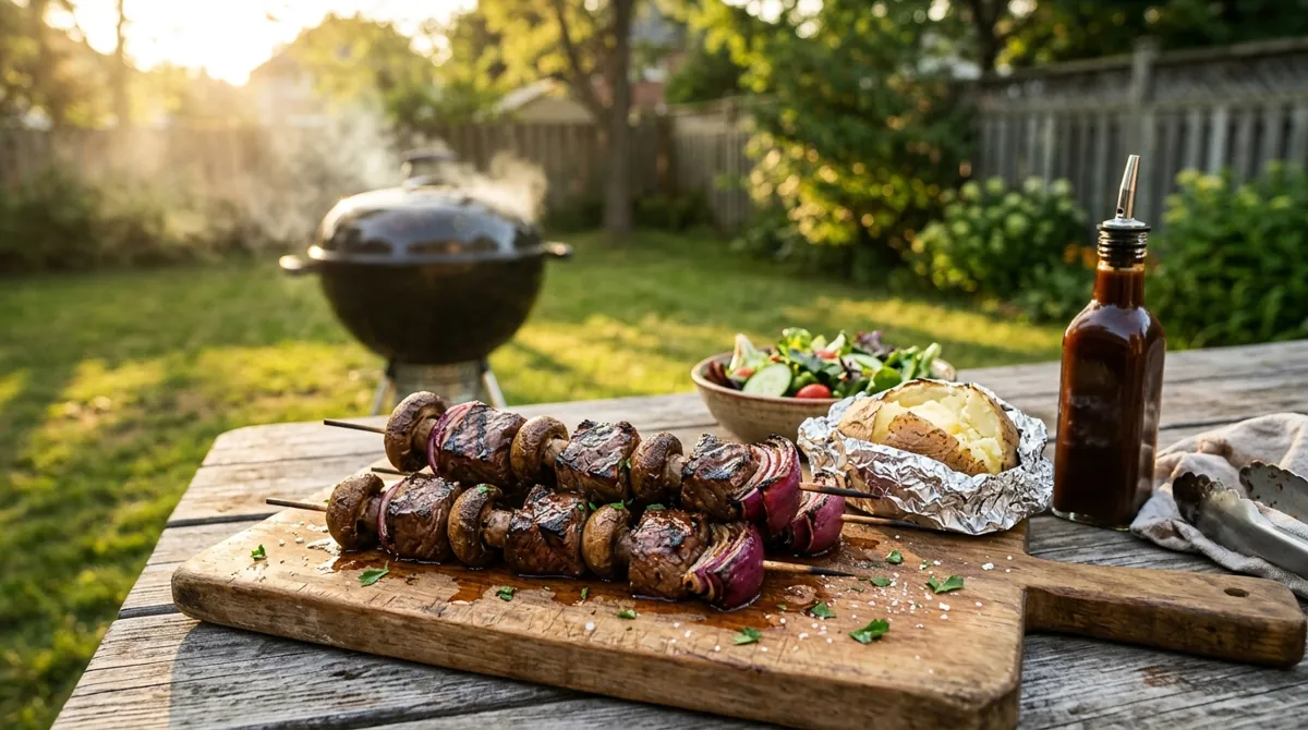 Backyard Beef Kebabs (Steakhouse-Style Sirloin, Mushroom and Onion Skewers)
