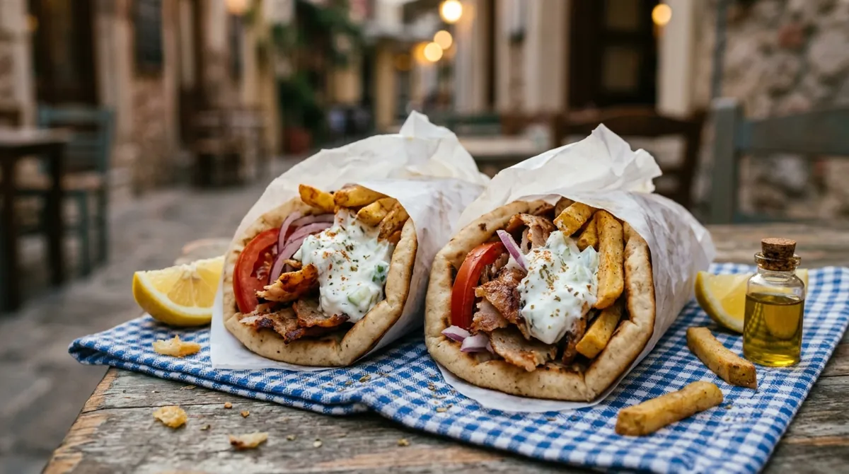 Greek Pork Gyros Pita (Gyros Souvlaki with Tzatziki and Fries)