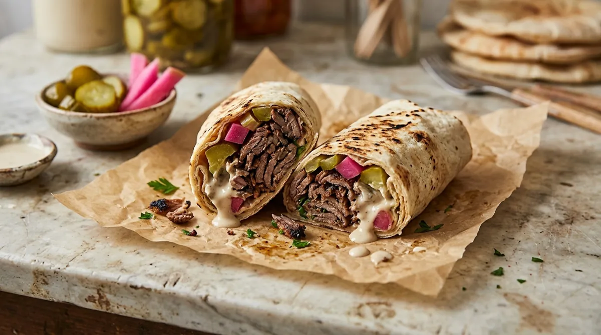 Levantine Beef Shawarma (with Tahini Sauce and Pickles)