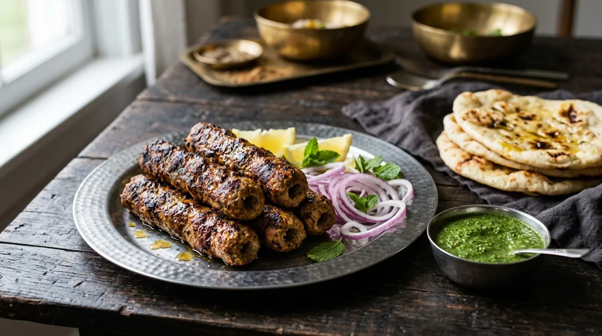 Seekh Kebab (Spiced Lamb Skewers with Mint Chutney)