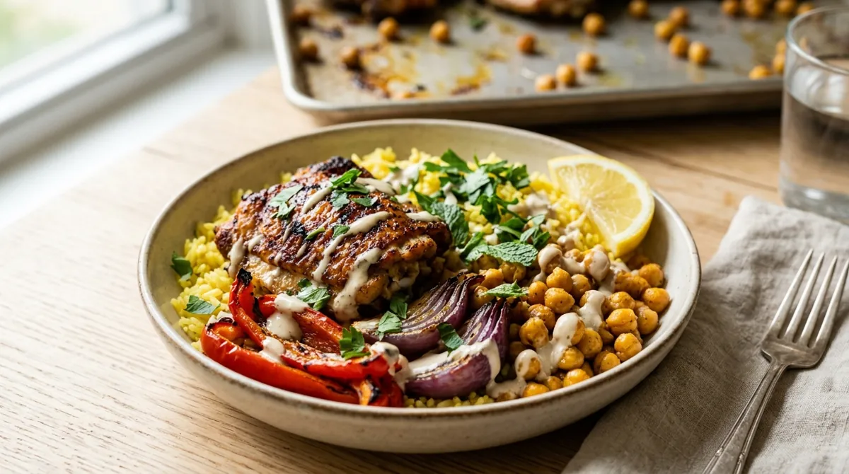Sheet-Pan Chicken Shawarma (with Chickpeas, Peppers and Tahini-Yogurt Sauce)