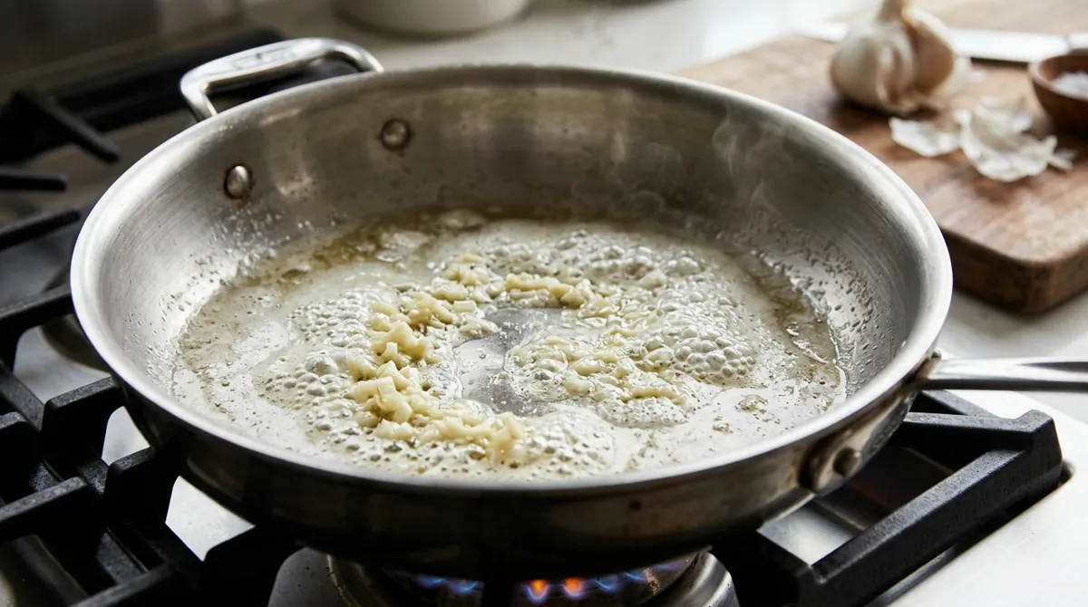 Step 3: In a wide pan over medium-low heat, melt the butter and cook the garlic for about a minute
