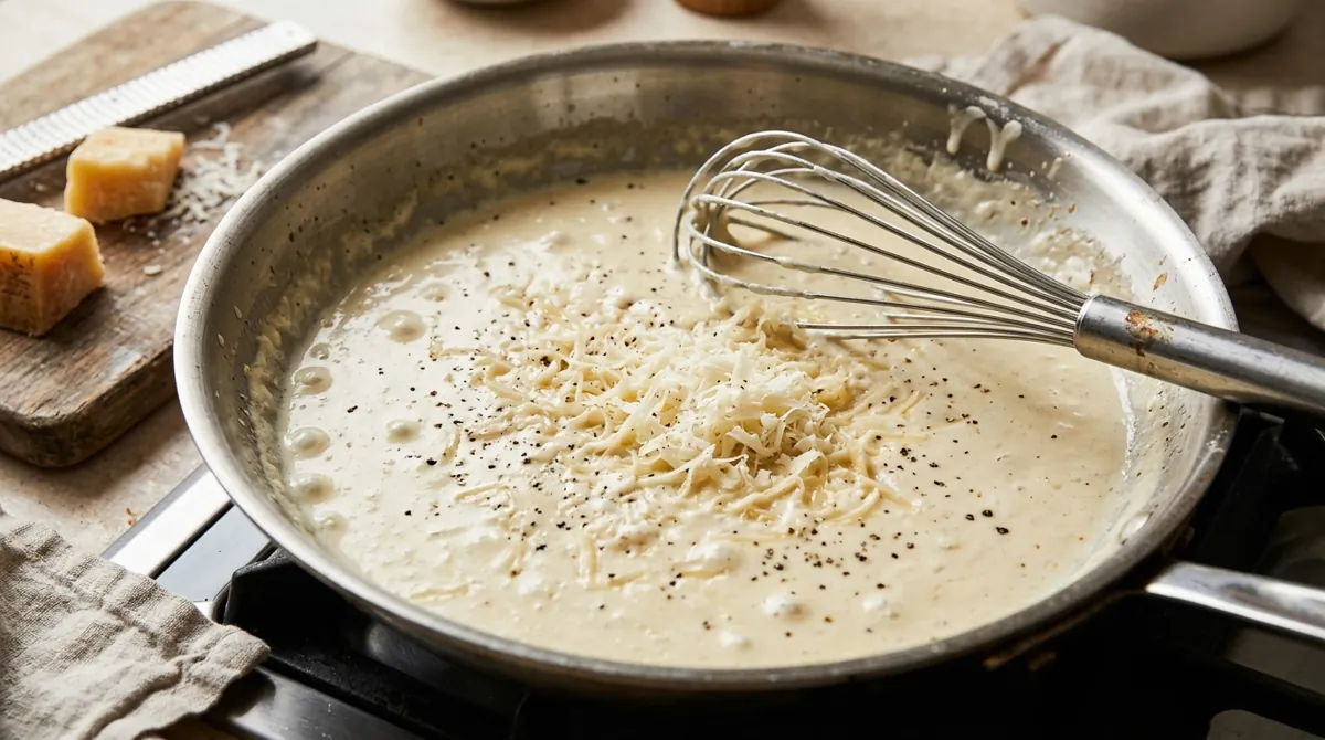 Step 5: Take the pan off the heat and whisk in the Parmesan a handful at a time, so it melts instead of clumping