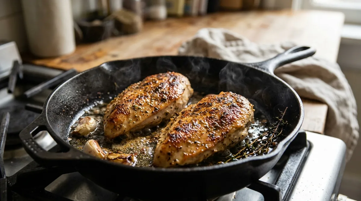 Step 2: Season the chicken and sear it in a hot pan with the oil, about 5 minutes a side, until the middle reaches 165°F