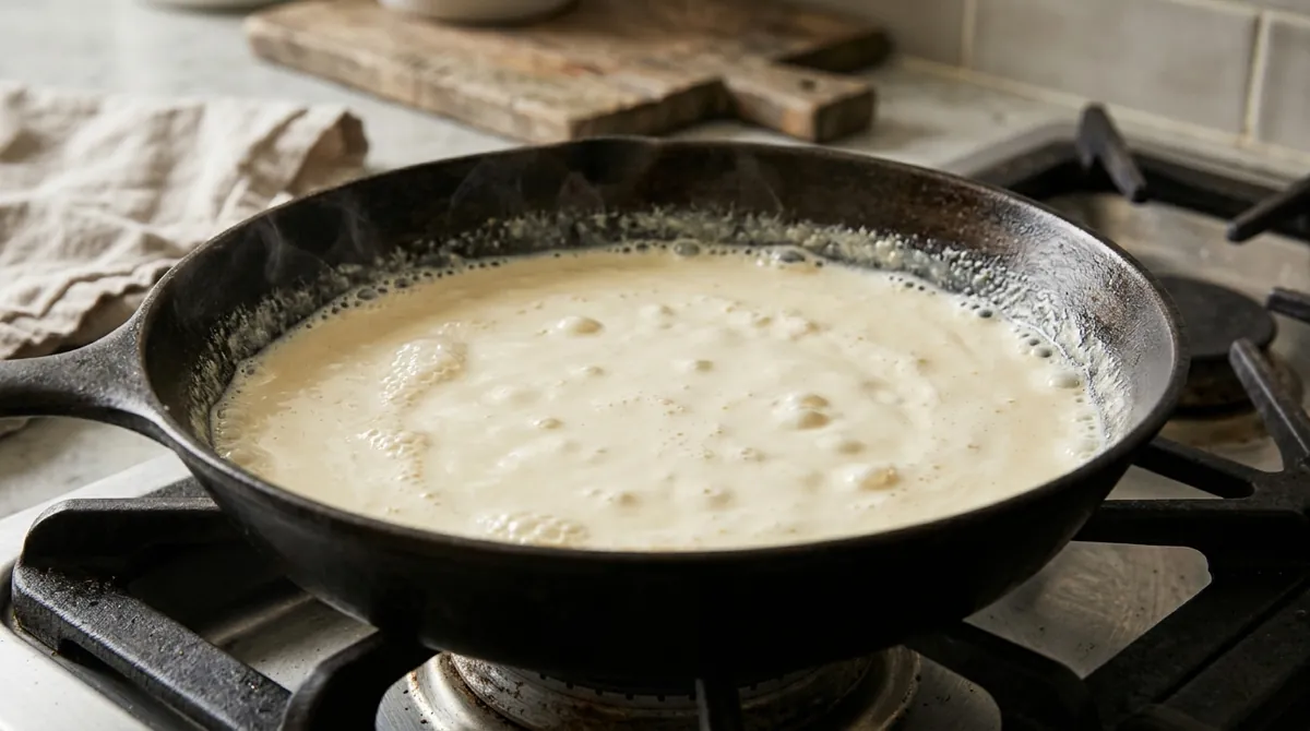 Step 4: Pour in the cream and simmer gently for 3 to 4 minutes, until it thickens slightly