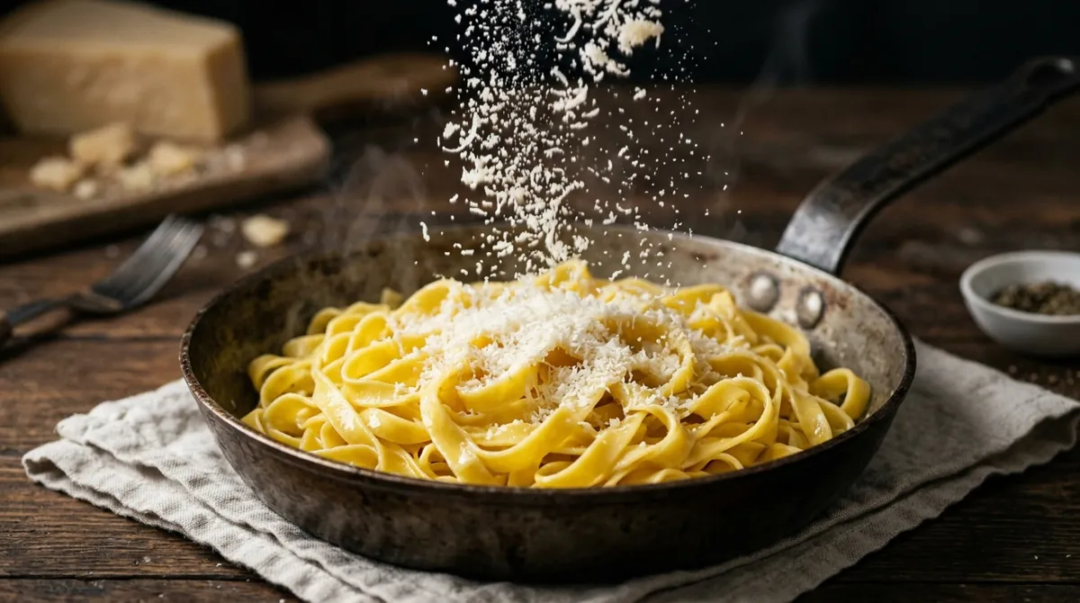 Step 6: Add the cheese a little at a time, with another splash of pasta water, and keep tossing