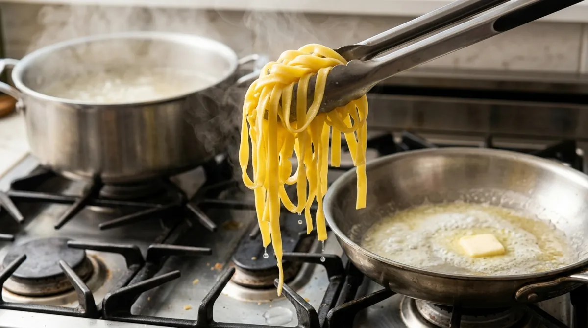 Step 4: Move the pasta straight into the butter with tongs, and bring a ladle of the cloudy pasta water with it