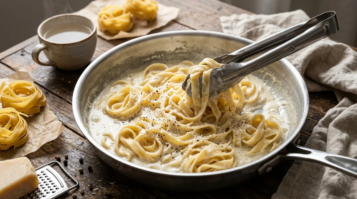 Step 6: Toss the pasta in the sauce, loosen it with a splash of the pasta water, and top with the chicken