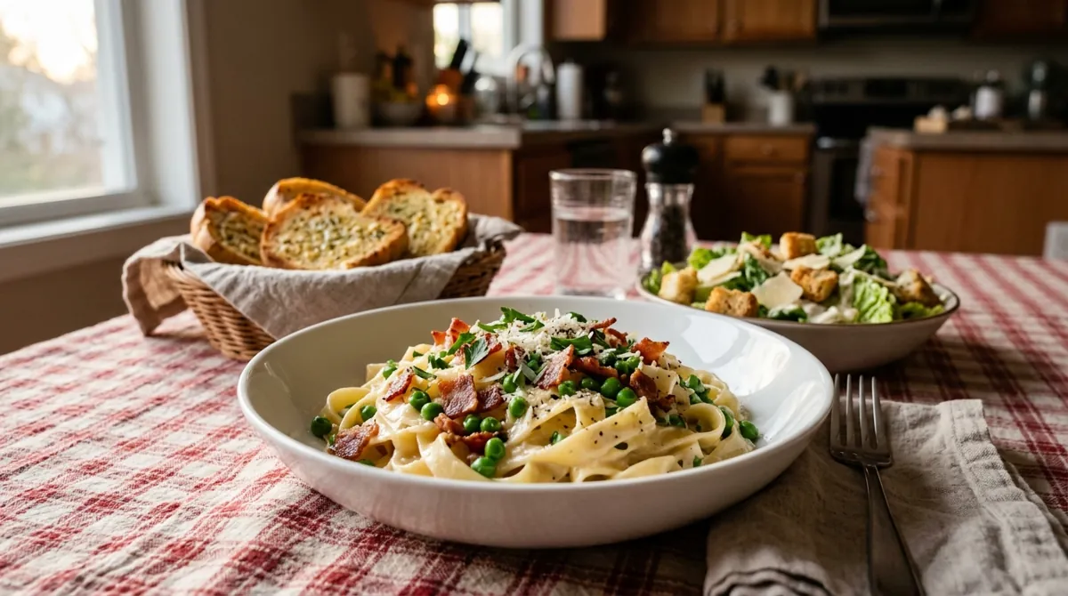 American Fettuccine Carbonara with Bacon, Cream and Peas