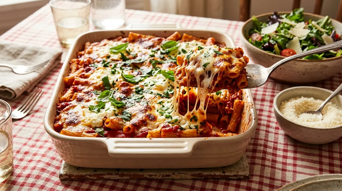 Baked Ziti (No-Boil, with Ricotta and Mozzarella)