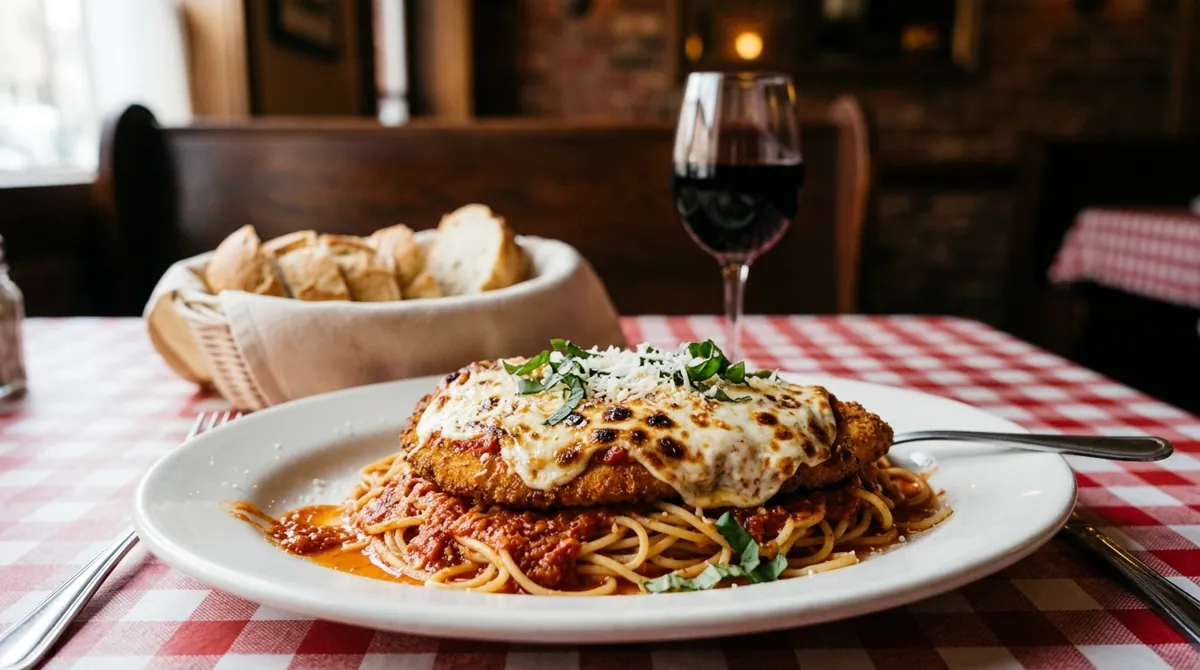 Chicken Parmesan over Spaghetti