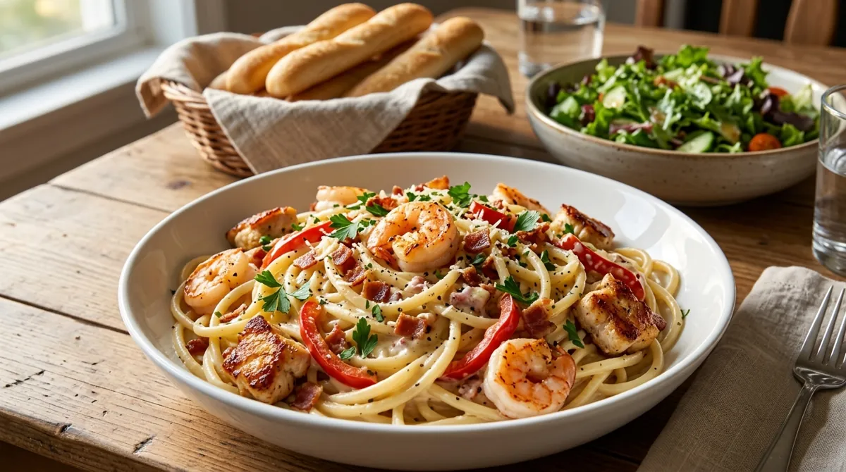 Copycat Chicken and Shrimp Carbonara, Inspired by Olive Garden
