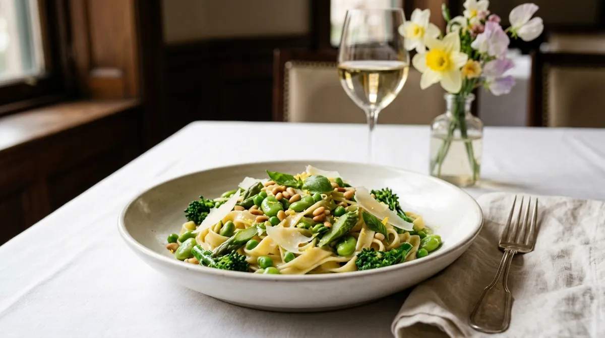 Pasta Primavera (Spring Vegetables, Pine Nuts and Creme Fraiche)
