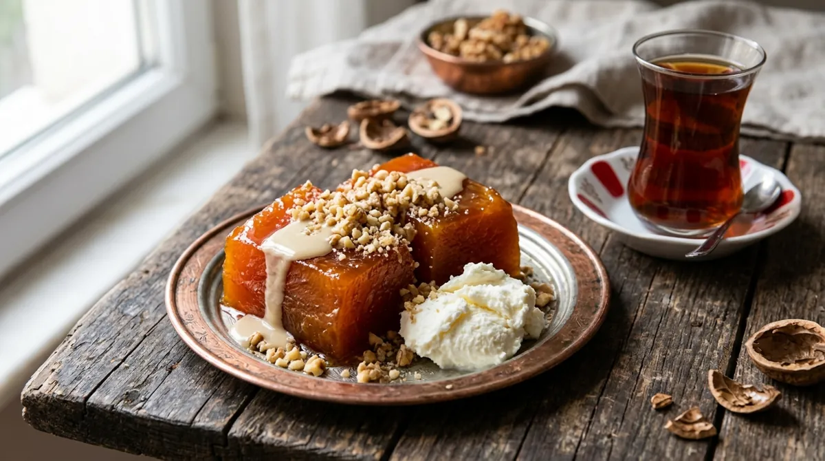 Kabak Tatlısı (Turkish Candied Pumpkin with Tahini and Walnuts)