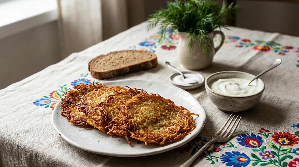 Polish Placki Ziemniaczane (Potato Pancakes with Sour Cream and Sugar)