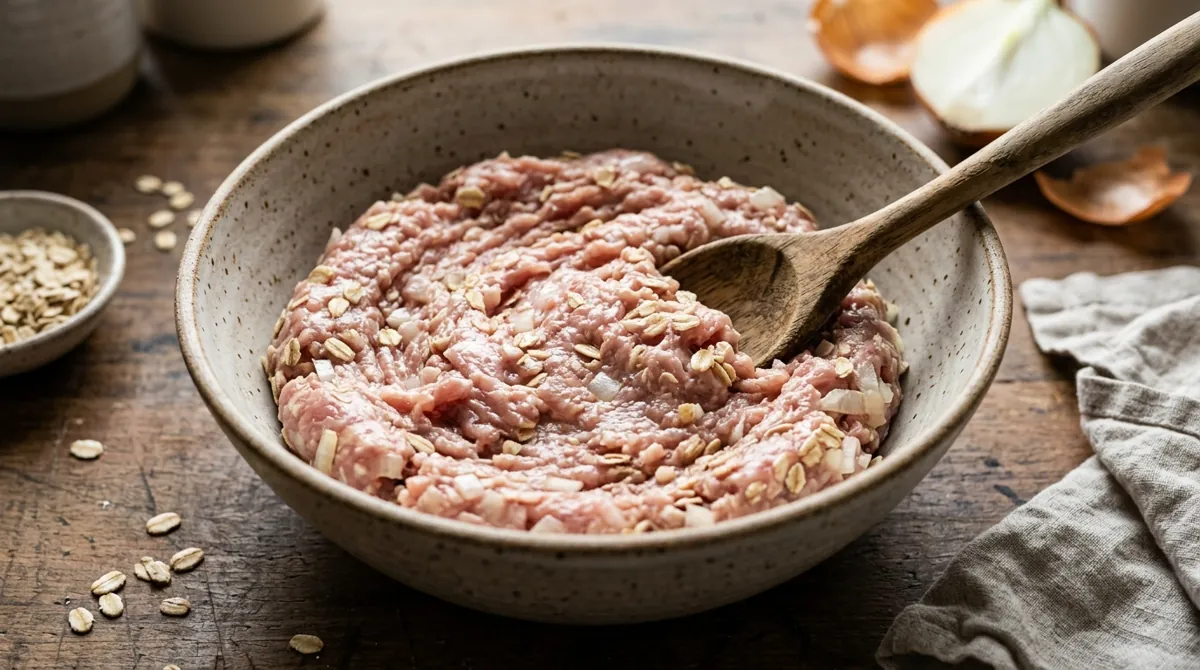 Step 2: Add the flour and oats, then the onion and garlic, then the egg, and the milk last