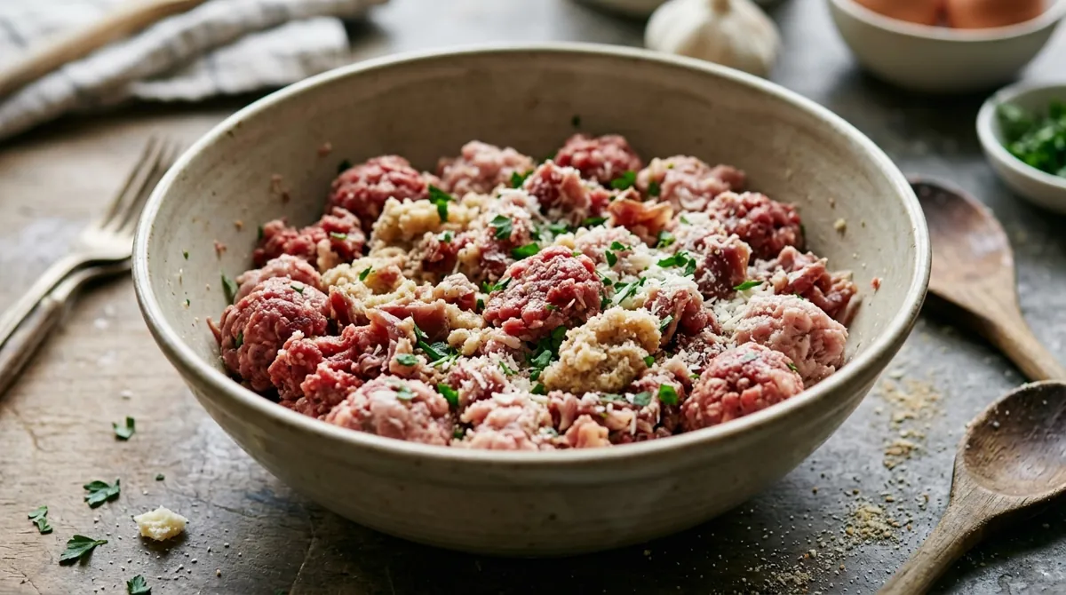 Step 3: Add the egg, beef, pork, prosciutto, Parmesan, parsley, garlic, salt, pepper and the softened gelatin