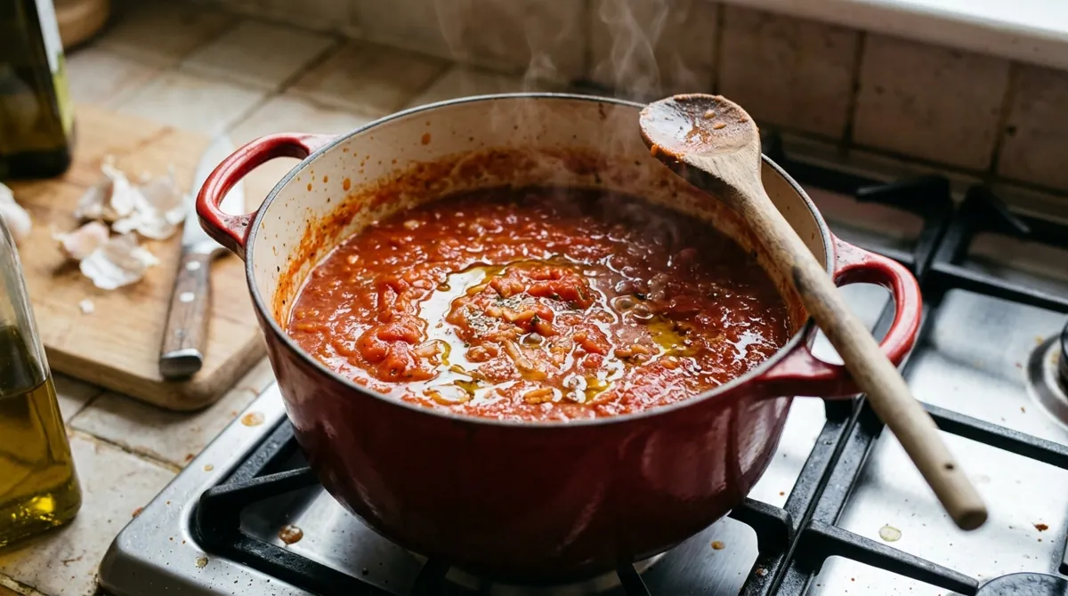 Step 6: While they roast, cook the onion in the olive oil in a Dutch oven for 6 to 8 minutes, until golden at the edges