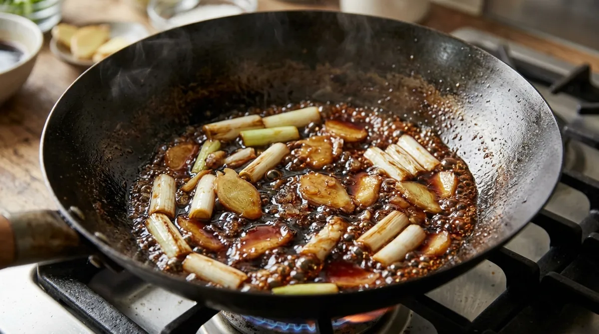 Step 5: In a wok over low heat, cook the ginger and scallion whites for a minute, then melt in the sugar
