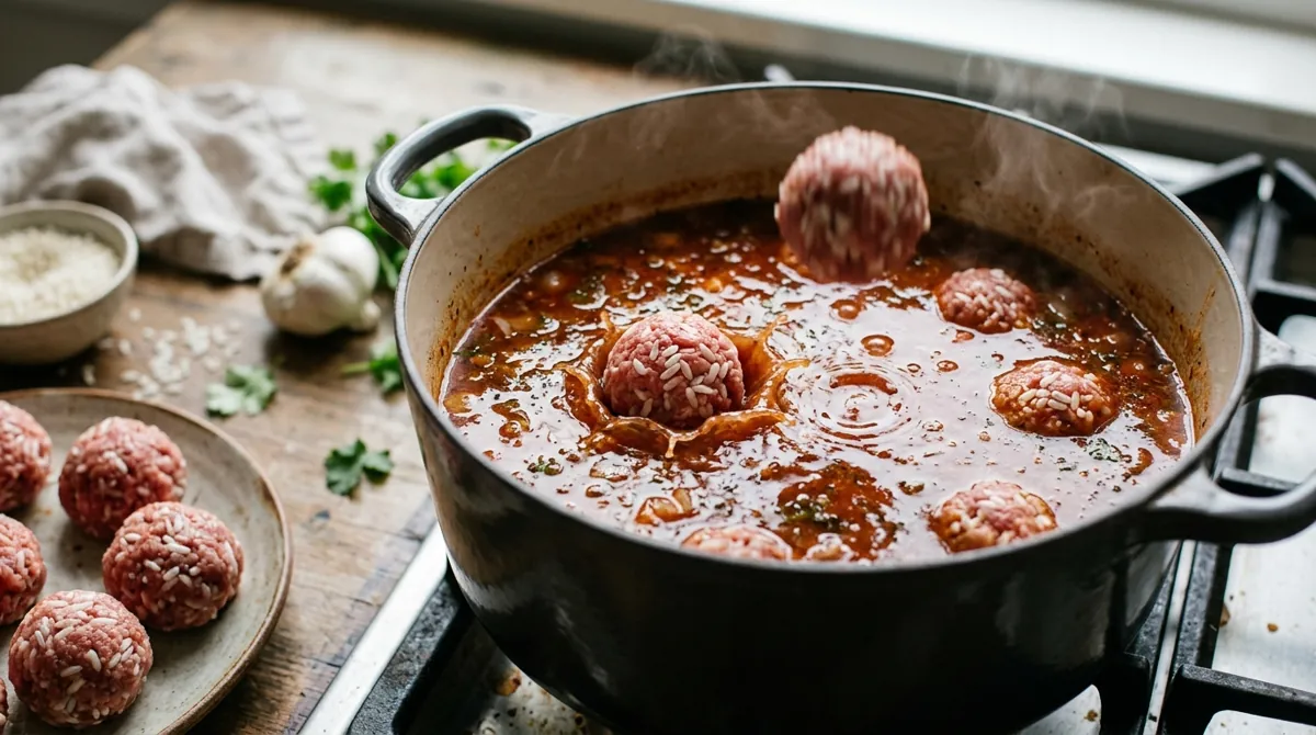 Step 6: With wet hands, roll balls 1 to 2 inches across and drop them straight into the simmering sauce