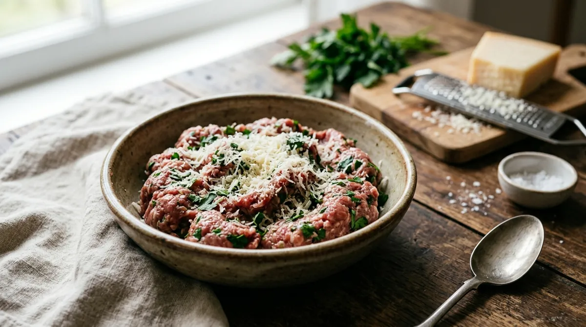 Step 1: Mix the beef, lamb, egg, cheese, parsley, nutmeg, salt and pepper