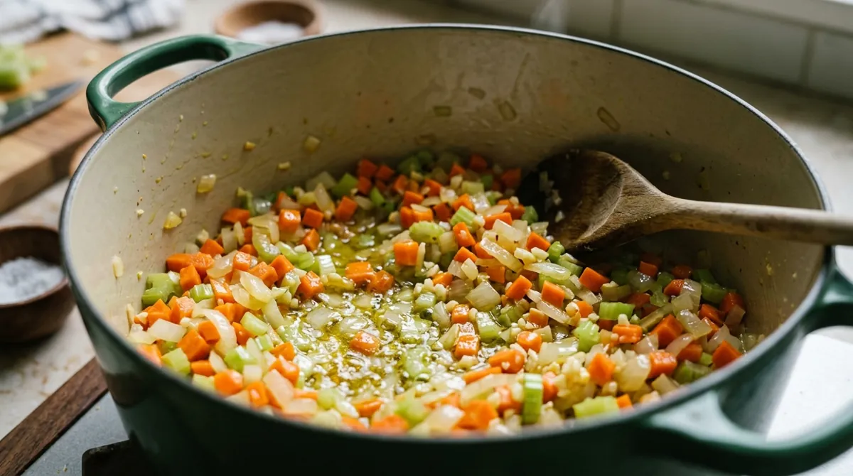 Step 4: In another pot, soften the carrot, onion, celery and garlic in the olive oil
