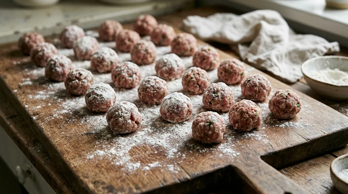 Step 2: Roll small balls about an inch across and roll each one in flour