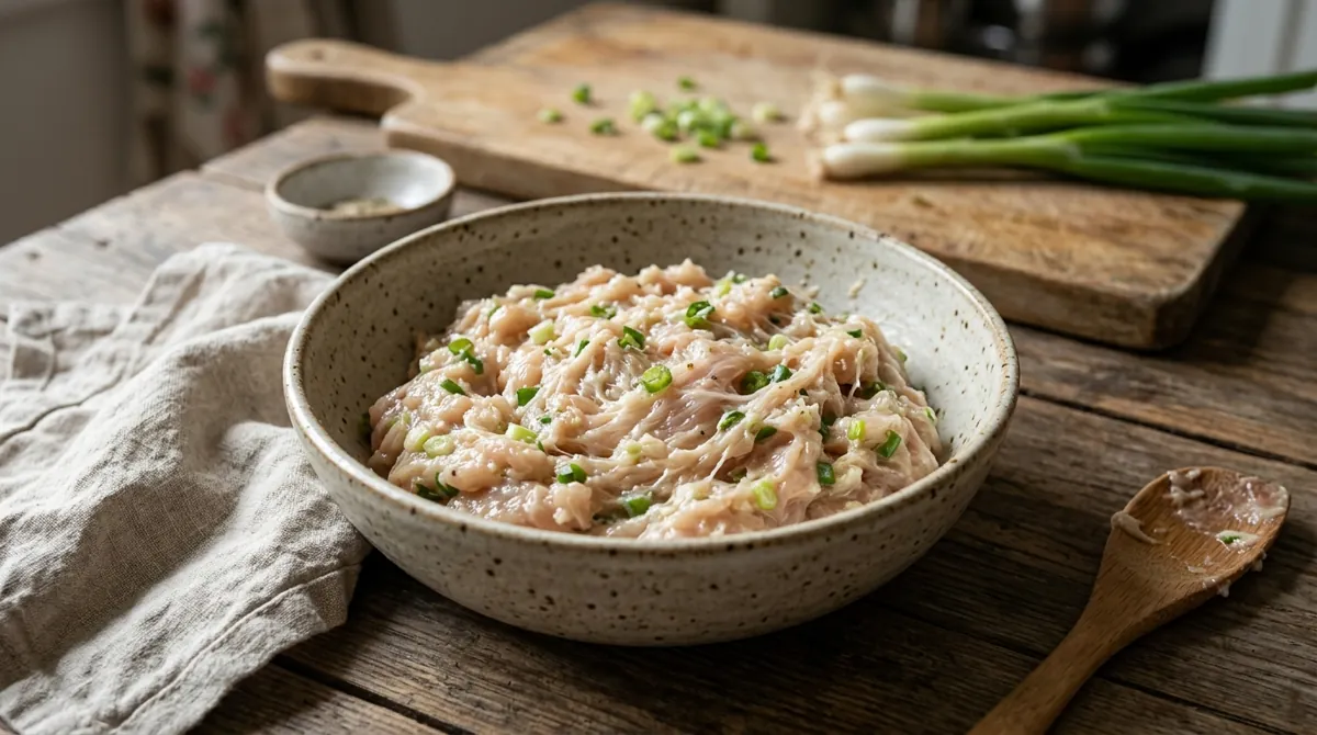 Step 2: Mix the chicken, scallion, sake, starch and salt, and knead until it turns pale and sticky