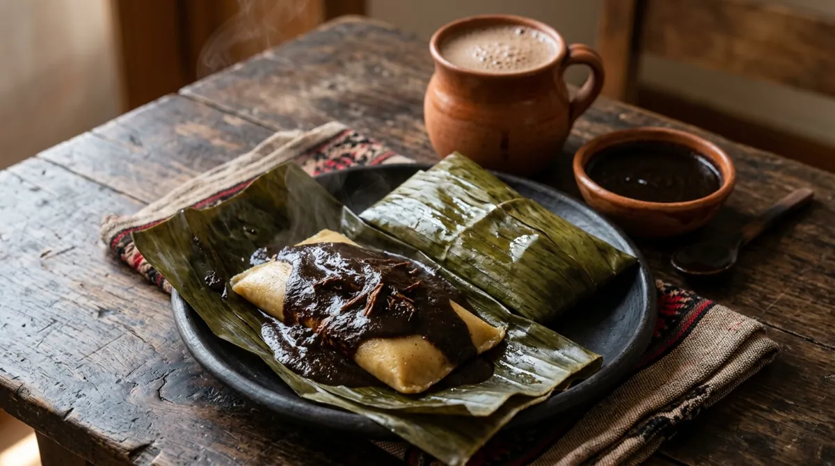 Oaxacan Black Mole Tamales in Banana Leaves