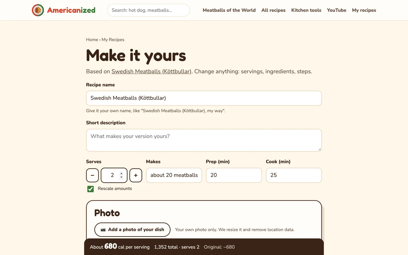 Editing a recipe with live calories