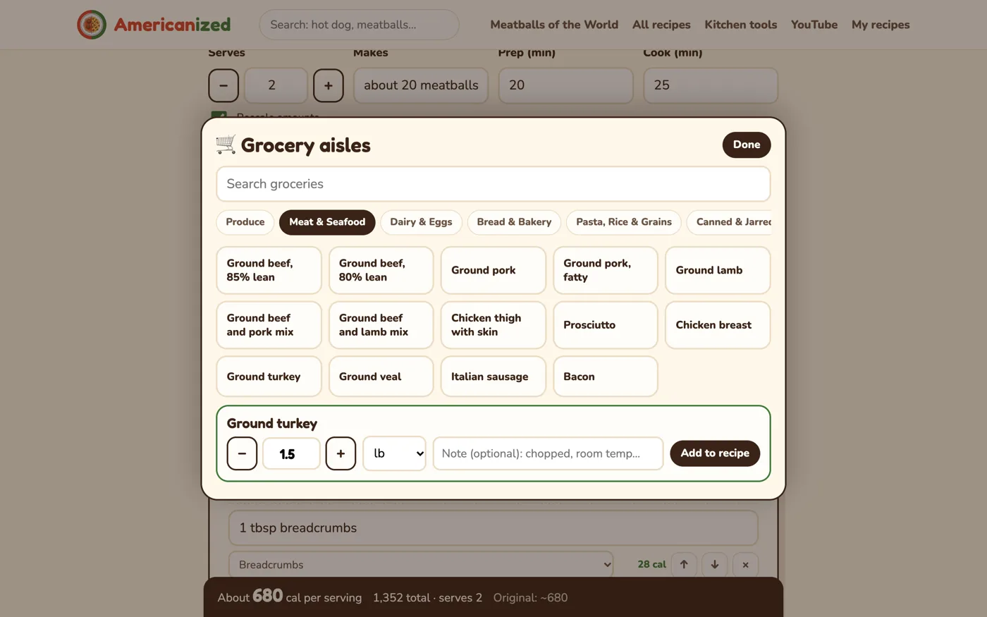 The grocery aisle picker in the recipe editor