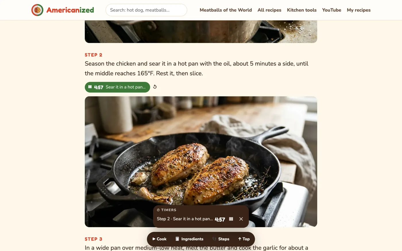 A timer counting down under a recipe step