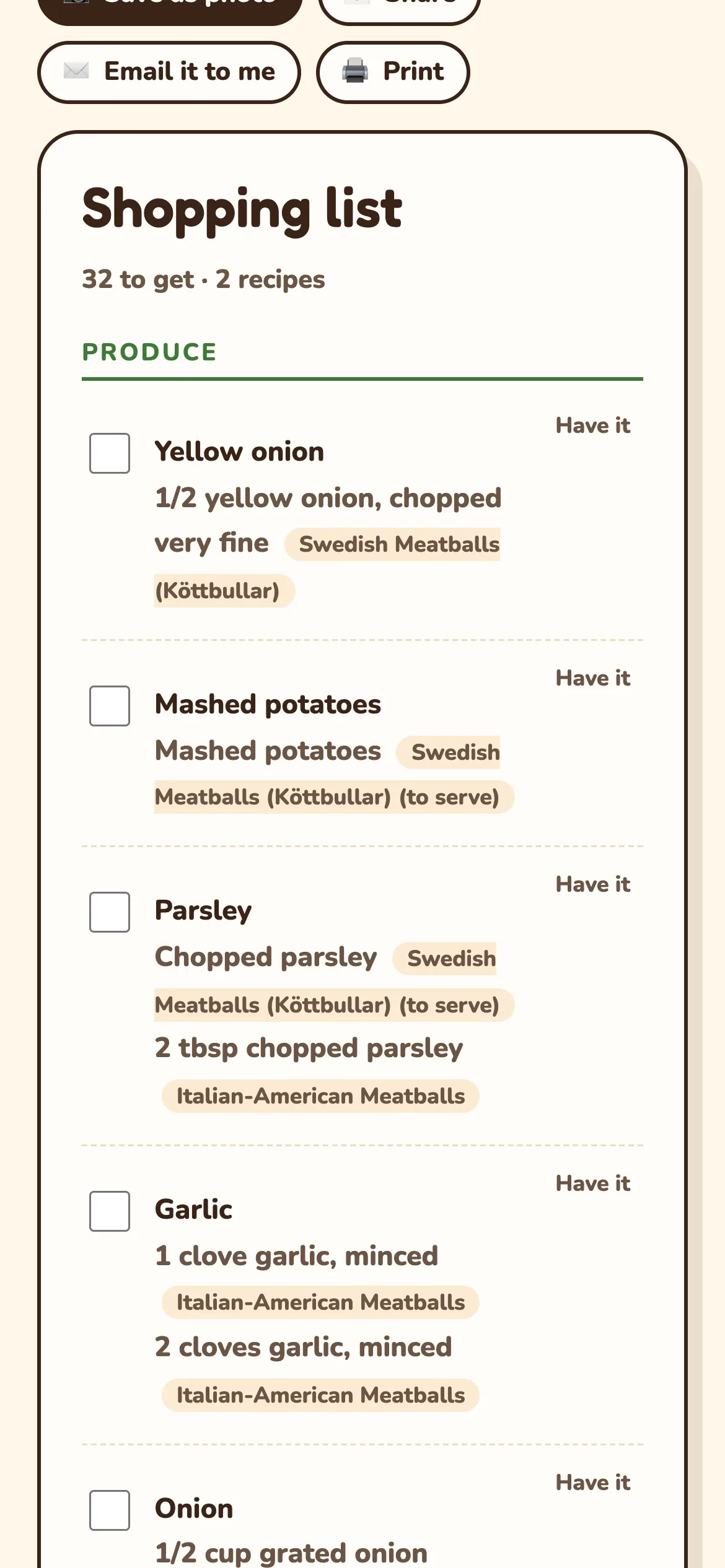 The shopping list grouped by aisle on a phone
